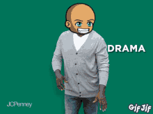 a man in a grey cardigan with a cartoon head and the word anxiety written above him