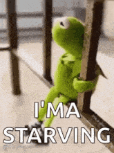 kermit the frog is sitting on a railing and holding onto a railing .