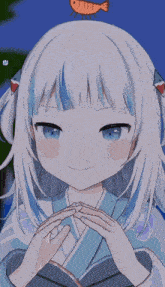 an anime girl with a fish on her head