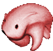 a pixel art drawing of a pink fish with a long tail