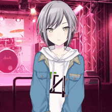 a girl in a blue jacket is standing in front of a drum set with the word pace on it