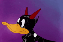 a cartoon duck with red horns is crying
