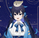 a girl with long hair and a stuffed animal on her head