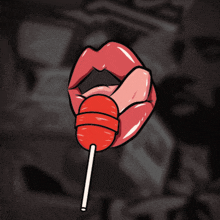 a drawing of a woman 's lips with a red lollipop sticking out of them