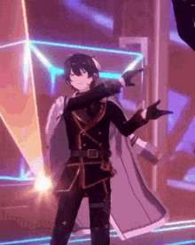 a man in a military uniform is dancing on a stage in front of a purple light .
