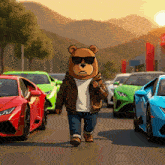 a cartoon of a teddy bear wearing sunglasses walking in front of a row of cars