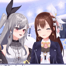 two anime girls are standing next to each other and one is smiling