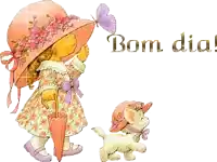 a girl holding an umbrella next to a dog with the words bom dia written in gold