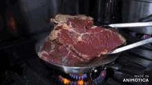 a large piece of meat is being cooked in a frying pan on a stove with the words made in animotica above it