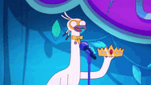 a cartoon bird singing into a microphone and holding a crown