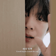 a close up of a person 's face with the words " good night good dream " on the bottom