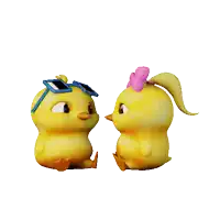 two cartoon chickens wearing sunglasses and a pink bow are kissing