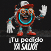 a robot wearing glasses and a hat that says strong mero power