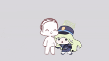 a cartoon drawing of a man and a girl with a police hat on