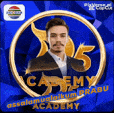 a picture of a man in a suit with the number 5 in the center