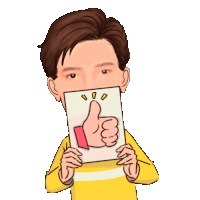 a cartoon of a man holding a card with a thumbs up sign on it