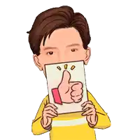 a cartoon of a man holding a card with a thumbs up sign on it