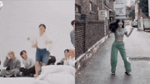 a group of people are sitting on a couch and a woman is dancing on the street