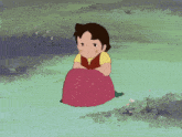 a girl in a pink dress sits in the grass with her arms crossed