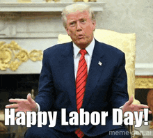 a man in a suit and tie is sitting in front of a fireplace and says happy labor day