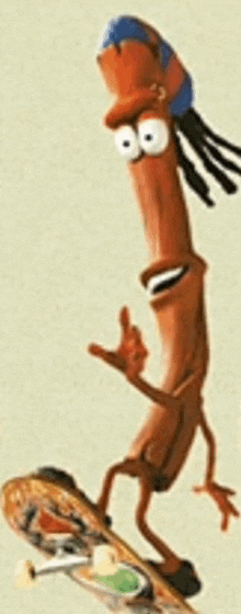 a cartoon sausage with dreadlocks is riding a skateboard and giving a thumbs up