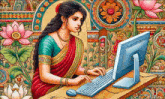 a painting of a woman typing on a computer with a lotus flower in the background