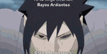 a close up of a person 's face with the words rayos ardientes written on the bottom