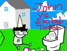 a drawing of a man in a party hat sitting next to a toilet with the words john vs skiddi toilet written in red