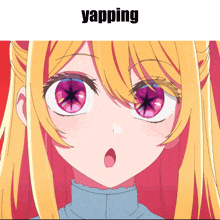 a close up of a girl 's face with the word yapping written above her