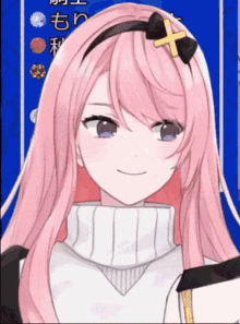 a close up of a girl with pink hair wearing a white sweater and a headband with a cross on it .