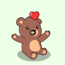 a teddy bear is holding a red heart in its mouth