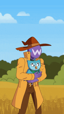 a cartoon drawing of a man holding an owl with the letter w on his hat