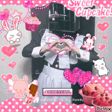 a picture of a girl making a heart with her hands and the words sweet cupcakes above her