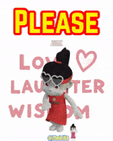 a cartoon character is standing in front of a sign that says " please "