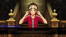 a video game character named newman sitting in a courtroom