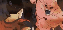 a cartoon of a man and a monster fighting each other with their mouths open .