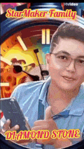 a picture of a boy with glasses holding a cell phone with the words star maker family diamond stone on the bottom