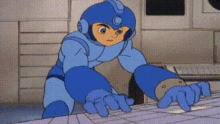 a cartoon character in a blue armor is standing on a tiled floor .