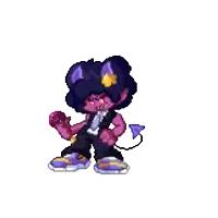 a pixel art drawing of a purple monster with a purple tail and a microphone .