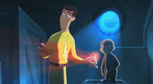 a man and a monkey are standing next to each other in a room with a blue light behind them