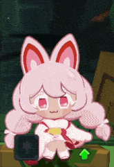 a cartoon character with pink hair and red ears is sitting on a box with an arrow pointing up
