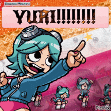 a pixel art of a girl pointing with the word yuri on the bottom