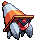 a pixel art drawing of a dog wearing a hat and a chain .
