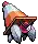 a pixel art drawing of a dog wearing a hat and a chain .
