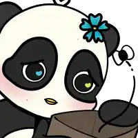 a panda bear with a blue flower on its head is holding an envelope