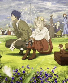 a painting of a boy and a girl sitting in a field of purple flowers