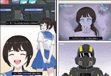 a cartoon of a girl talking to a robot with the words her then come back alive hero
