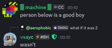 a person below is a good boy with a swag tag