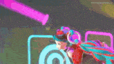 a pixel art of a girl with a colorful ponytail standing in front of a sign that says vocaloid music
