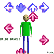 a pixel art of baldi dancing with the words baldi dance written below him